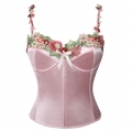 Vintage Pink Satin Corset Set - Floral Lace Overlay Bustier with Adjustable Back Straps N237823