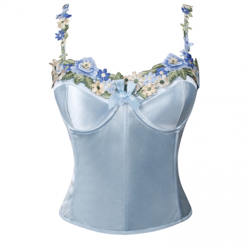 Sapphire Blue Corset - Floral Embroidered Bustier with Adjustable Straps & Back Seam Detailing N237822