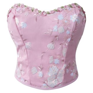 Floral Lint Corset Top - Pink Sequin Embroidered Bustier with Front Lace-Up & 3D Blossom Accents N237819