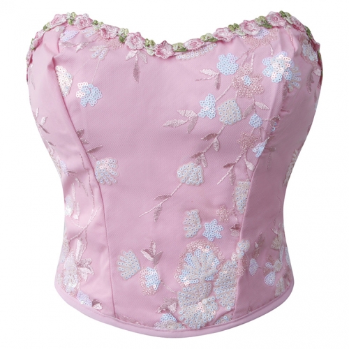 Floral Lint Corset Top - Pink Sequin Embroidered Bustier with Front Lace-Up & 3D Blossom Accents N237819