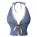 Vintage Denim Bustier Top - Adjustable Halter Neck Corset with Gold Lace Trim & Front Tie Detail N237816