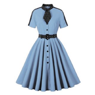 Vintage Audrey Hepburn Style Dress - Red Polka Dot A-Line with Bow Tie Collar N237810