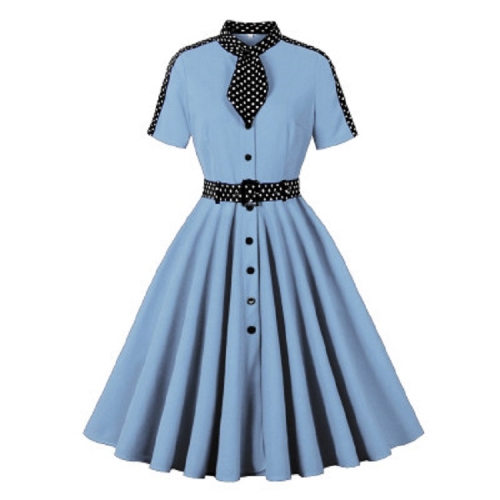 Vintage Audrey Hepburn Style Dress - Red Polka Dot A-Line with Bow Tie Collar N237810