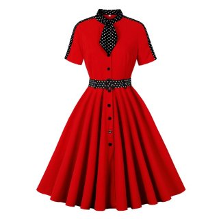 Vintage Audrey Hepburn Style Dress - Red Polka Dot A-Line with Bow Tie Collar N237809