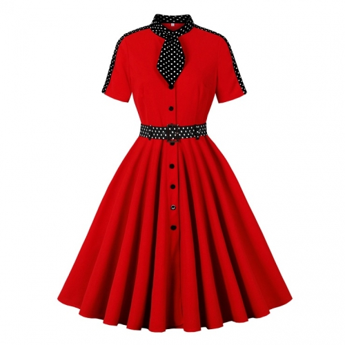 Vintage Audrey Hepburn Style Dress - Red Polka Dot A-Line with Bow Tie Collar N237809