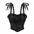Elegant Black Floral Corset Top - Adjustable Ribbon Straps & Ruffled Edge Vintage Bustier N237804