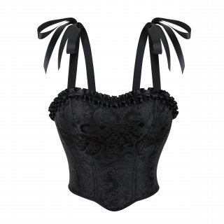 Elegant Black Floral Corset Top - Adjustable Ribbon Straps & Ruffled Edge Vintage Bustier N237804