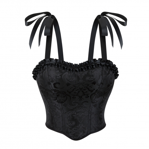 Elegant Black Floral Corset Top - Adjustable Ribbon Straps & Ruffled Edge Vintage Bustier N237804