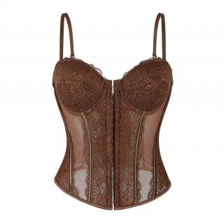Brown Elegant Corset?? - Vintage Lace Bustier with Front Zipper N23793