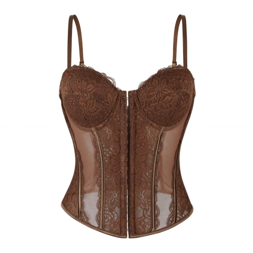 Brown Elegant Corset?? - Vintage Lace Bustier with Front Zipper N23793