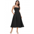 Women's Elegant Strapless Black Midi Dress - Sweetheart Neckline with Side Pockets & Flowing Skirt ??N23786