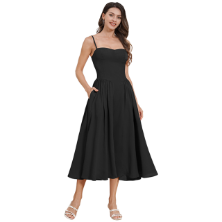 Women's Elegant Strapless Black Midi Dress - Sweetheart Neckline with Side Pockets & Flowing Skirt ??N23786