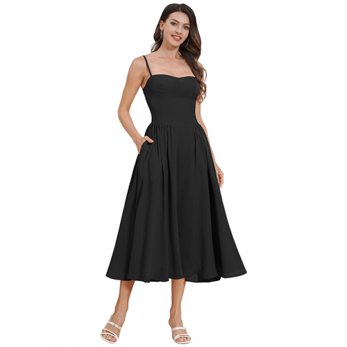 Women's Elegant Strapless Black Midi Dress - Sweetheart Neckline with Side Pockets & Flowing Skirt ??N23786