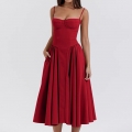 Women's Red Strapless Corset Midi Dress - Elegant Pleated Skirt with Hidden Pockets N23785