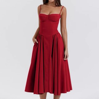 Women's Red Strapless Corset Midi Dress - Elegant Pleated Skirt with Hidden Pockets N23785