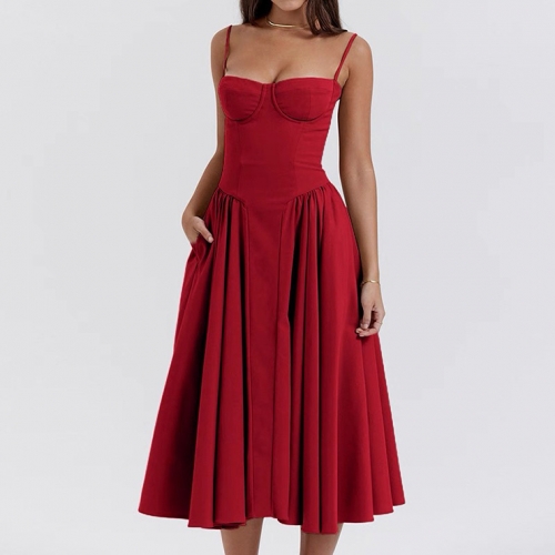 Women's Red Strapless Corset Midi Dress - Elegant Pleated Skirt with Hidden Pockets N23785