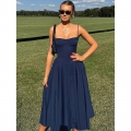Navy Blue Sweetheart Neckline Midi Dress - Strapless A-Line Formal Dress with Side Pockets N23784