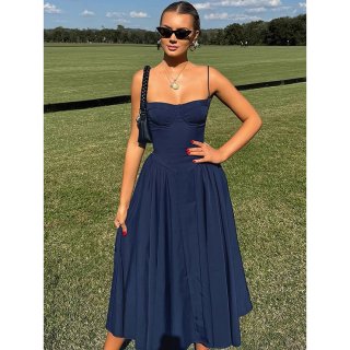 Navy Blue Sweetheart Neckline Midi Dress - Strapless A-Line Formal Dress with Side Pockets N23784
