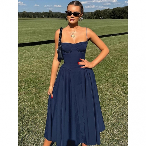 Navy Blue Sweetheart Neckline Midi Dress - Strapless A-Line Formal Dress with Side Pockets N23784