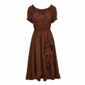 Women's Romantic Off-Shoulder Ruffle Dress - Brown Tie-Up Midi Dress with Puff Sleeves & Elastic Waist N23782