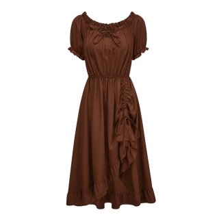 Women's Romantic Off-Shoulder Ruffle Dress - Brown Tie-Up Midi Dress with Puff Sleeves & Elastic Waist N23782