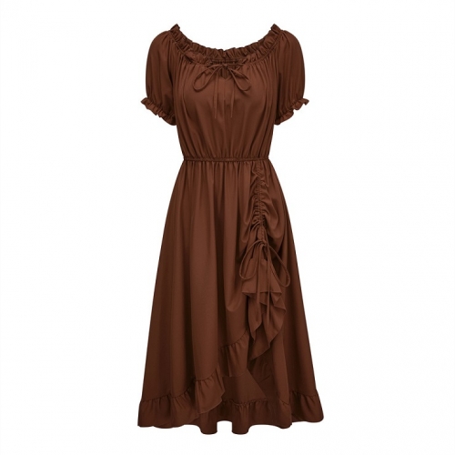Women's Romantic Off-Shoulder Ruffle Dress - Brown Tie-Up Midi Dress with Puff Sleeves & Elastic Waist N23782