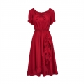 Women's Romantic Off-Shoulder Ruffle Dress - Red Tie-Up Midi Dress with Puff Sleeves & Elastic Waist N23781