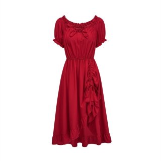 Women's Romantic Off-Shoulder Ruffle Dress - Red Tie-Up Midi Dress with Puff Sleeves & Elastic Waist N23781
