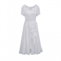 Women's Romantic Off-Shoulder Ruffle Dress - White Tie-Up Midi Dress with Puff Sleeves & Elastic Waist N23780