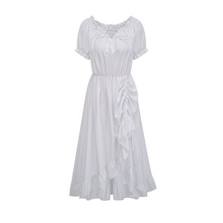 Women's Romantic Off-Shoulder Ruffle Dress - White Tie-Up Midi Dress with Puff Sleeves & Elastic Waist N23780