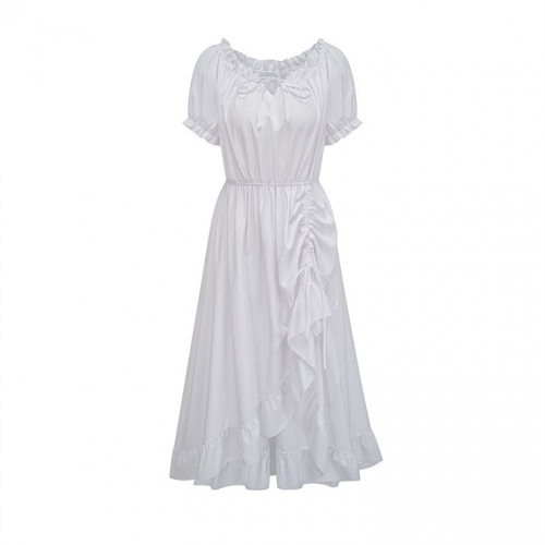 Women's Romantic Off-Shoulder Ruffle Dress - White Tie-Up Midi Dress with Puff Sleeves & Elastic Waist N23780