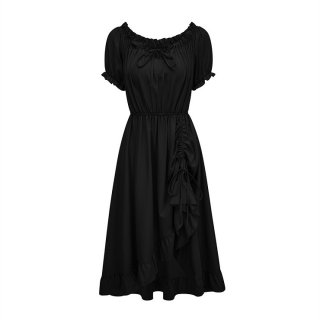 Women's Romantic Off-Shoulder Ruffle Dress - Black Tie-Up Midi Dress with Puff Sleeves & Elastic Waist N23779