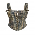 Vintage Camo Lace-Up Corset Top with Adjustable Shoulder Straps & Bow Accents N23777