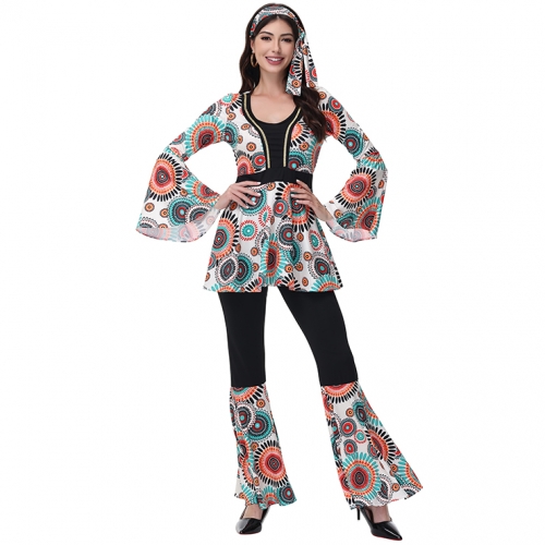 70s Hippie-Inspired Women's Festival Costume with Colorful Ethnic Patterns N23767