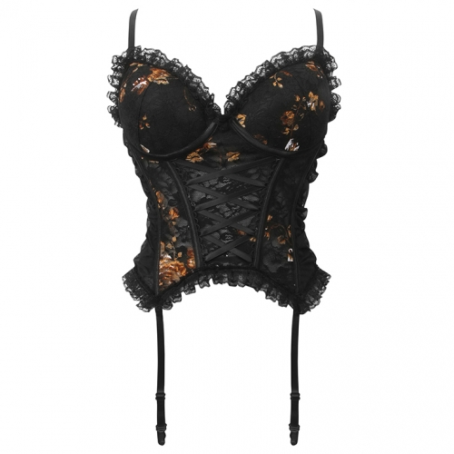 Lace Corset with Floral Print - Sexy Vintage Style Top with Garter Straps N23751
