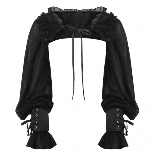 Gothic Chiffon Off-Shoulder Long Sleeve Top with Lace Trim and Lace-Up Details - Dark Romantic Style N23750