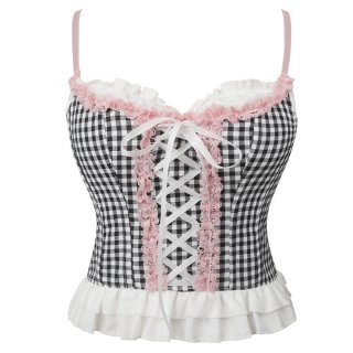 Vintage-Style Gingham Corset Top with Lace Trim - Women's Fashion Blouse N23749