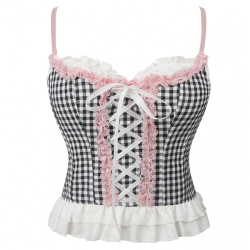 Vintage-Style Gingham Corset Top with Lace Trim - Women's Fashion Blouse N23749