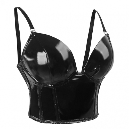 Sexy Punk Faux Leather Spaghetti Straps Bustier Clubwear Crop Top N23748