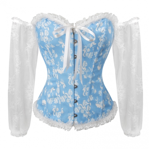 Women's Sexy Gothic Plastic Boned Off-shoulder Overbust Corset with Long Floral Lace Sleeve N23747