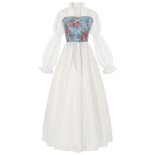 Women's Renaissance Revival Victorian-Inspired Fairy Witch Dress with Floral Bodice and Elegant Sleeve N23724