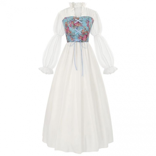 Women's Renaissance Revival Victorian-Inspired Fairy Witch Dress with Floral Bodice and Elegant Sleeve N23724