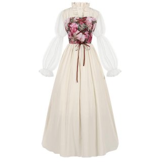 Women's Renaissance Revival Victorian-Inspired Fairy Witch Dress with Floral Bodice and Elegant Sleeve N23723