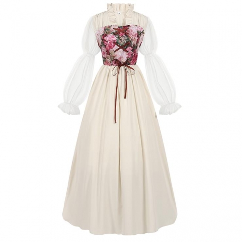 Women's Renaissance Revival Victorian-Inspired Fairy Witch Dress with Floral Bodice and Elegant Sleeve N23723
