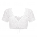 Women's Deep V Neck Crop Blouse Short Sleeve Shirts Tie Front Lace Eyelet Cropped Tops N23722