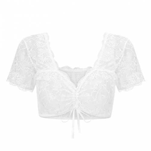 Women's Deep V Neck Crop Blouse Short Sleeve Shirts Tie Front Lace Eyelet Cropped Tops N23722