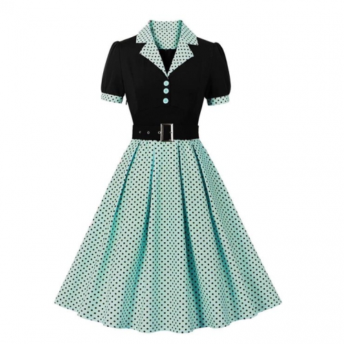 Vintage Polka Dot Collar Short Sleeve Belted Fit and Flare Dress N23717