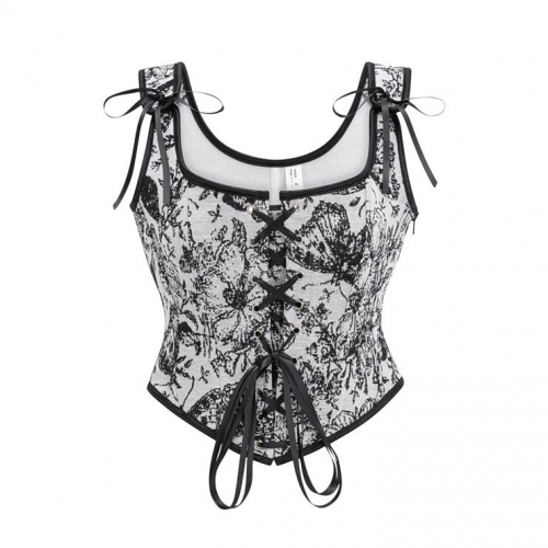 French strap bra vintage oil painting printed short top corset N23672