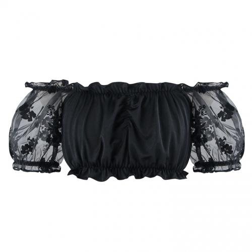 Sexy Black Organza Off Shoulder Ruched Ruffled Crop Top N14113