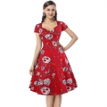 Fashion Classical Vintage Women Cap Sleeves Floral Skull Print Swing Dress N14075